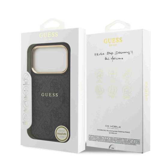 Калъф GUESS Apple iPhone 17 Pro Max, Leather 4G Gold Frame MagSafe /черен/