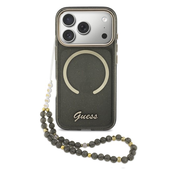 Калъф GUESS Apple iPhone 17 Pro Max, Glitter Script Strap MagSafe + Wrist strap /черен/