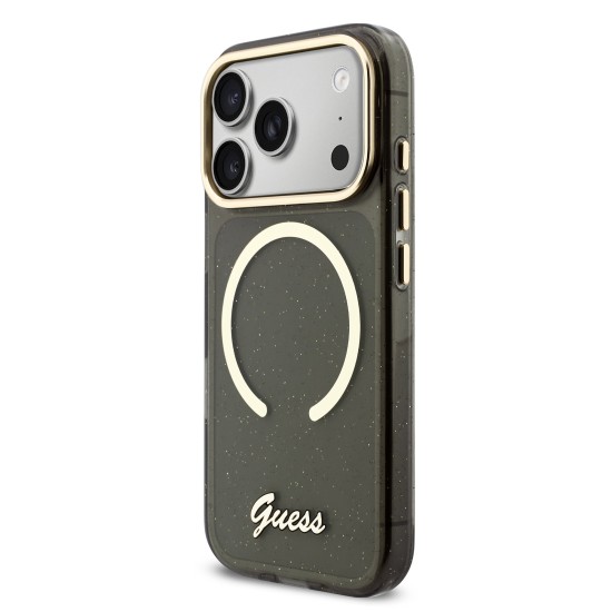 Калъф GUESS Apple iPhone 17 Pro Max, Glitter Script Strap MagSafe + Wrist strap /черен/