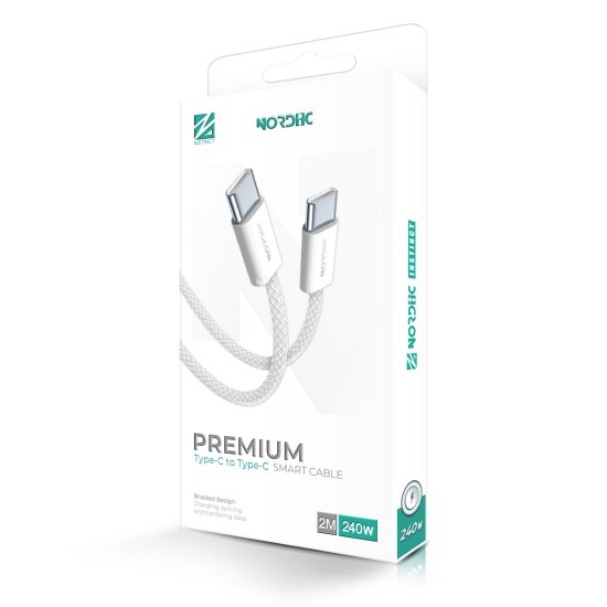 Кабел NORDIC Type-C - Type-C, 2м, 240W /бял/
