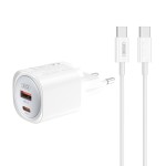 Зарядно XO 220V 30W, USB-A + USB-C, кабел C-C, GaN Nitride /бял/
